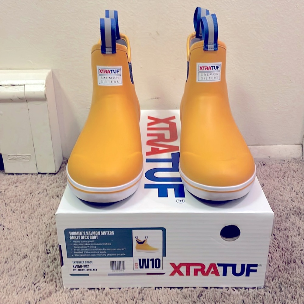 Bright yellow orca print Xtratuf rain boots